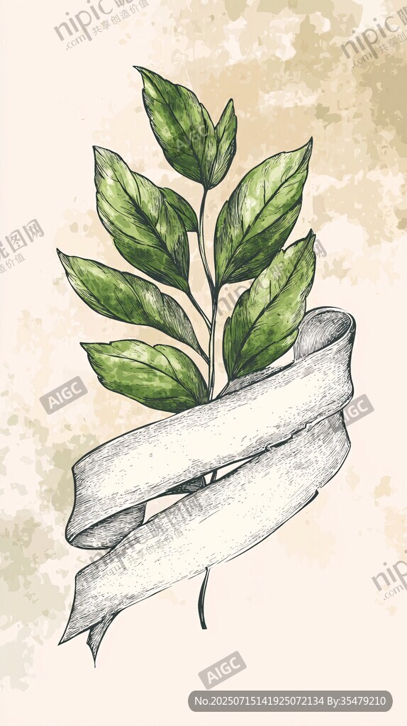 手繪綠葉絲帶裝飾插畫