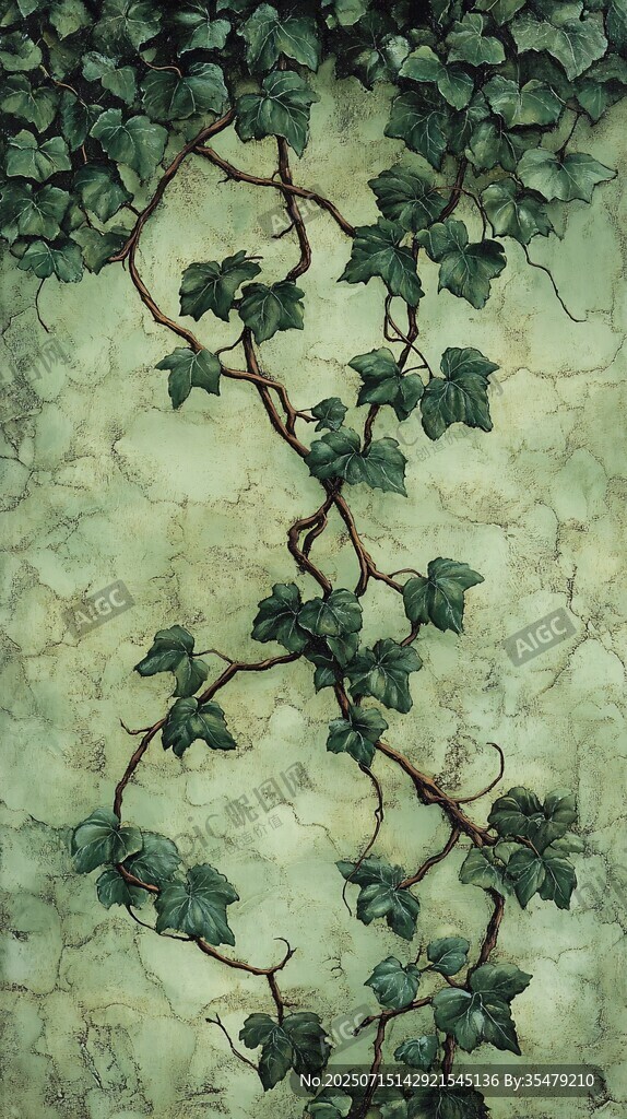 綠藤纏繞墻面的自然景致