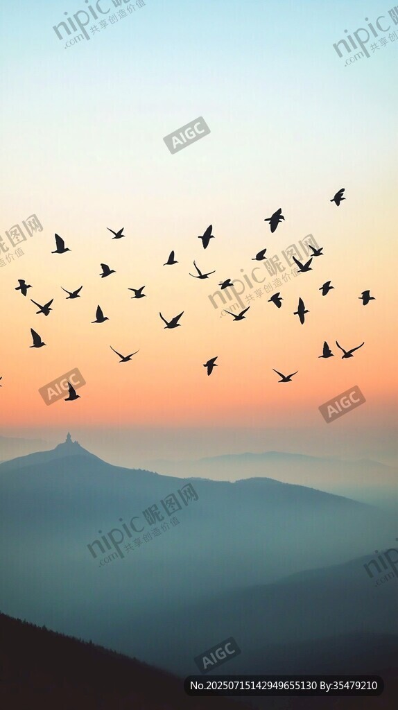 夕陽(yáng)下飛鳥翱翔山間美景