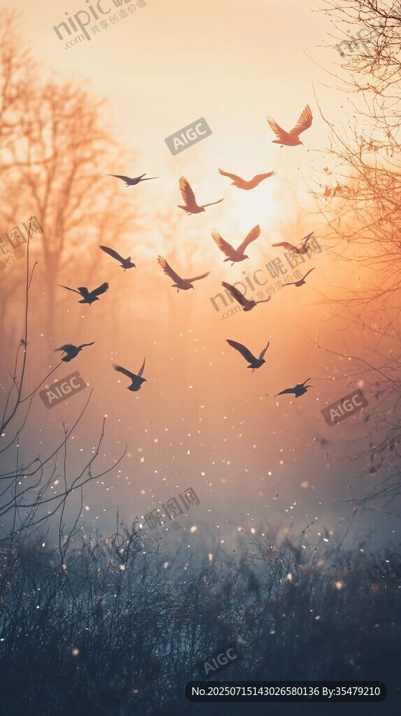 夕陽下群鳥飛翔的夢幻場景