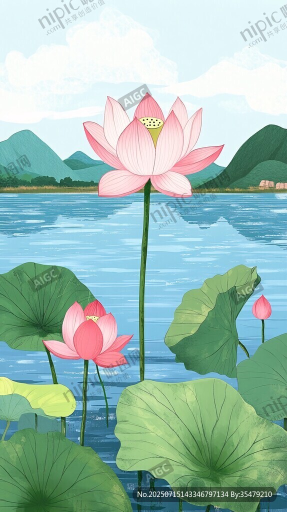 夏日湖景中的嬌艷荷花