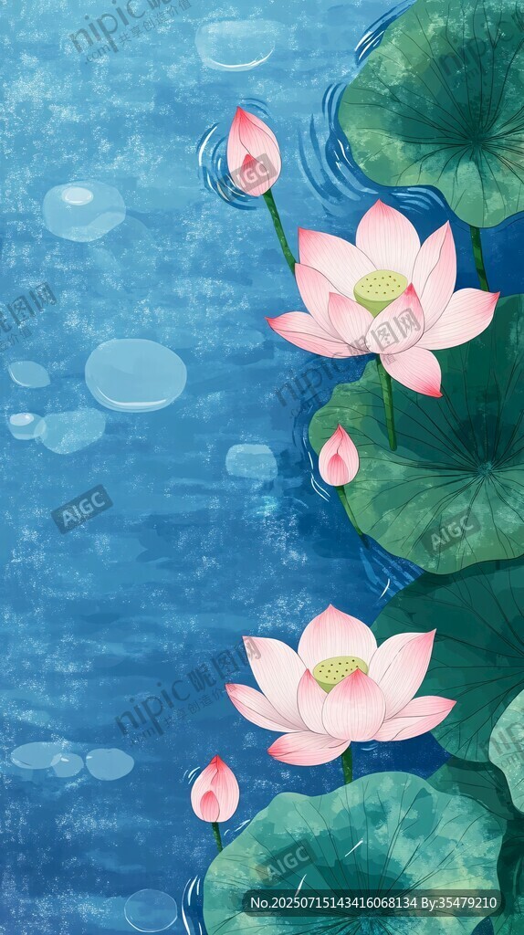 水墨風(fēng)藍(lán)底荷花清新圖景