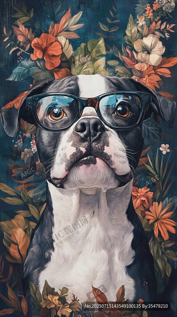 戴眼鏡的萌犬與繽紛花卉