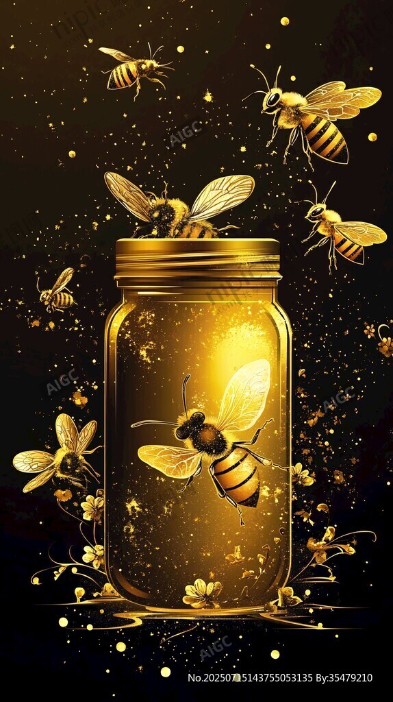 金色蜜蜂與蜂蜜罐夢幻插畫
