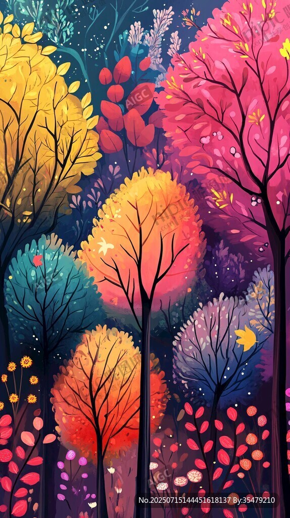 夢(mèng)幻多彩森林夜景插畫(huà)
