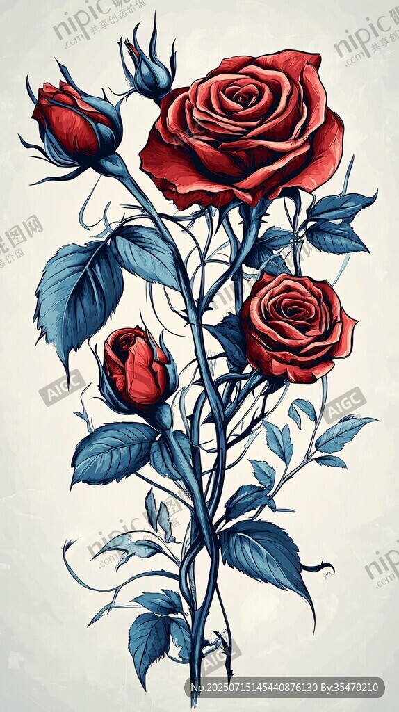 手繪紅玫瑰插畫藝術(shù)作品