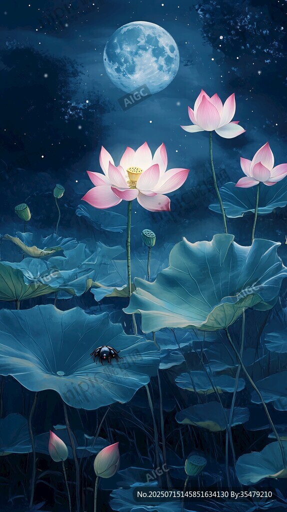 月夜荷花圖