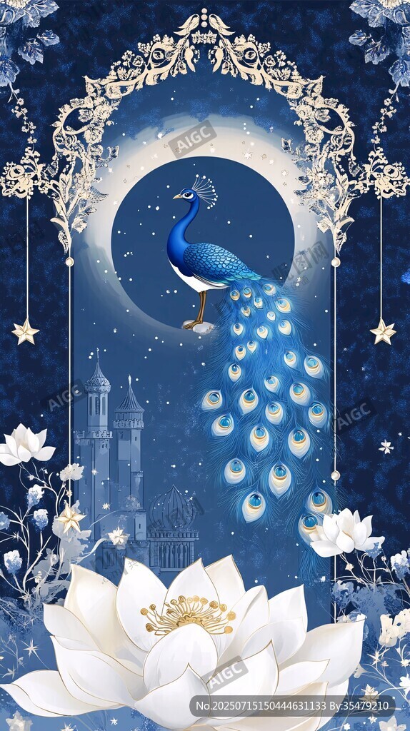 夢幻藍孔雀于月夜蓮花間