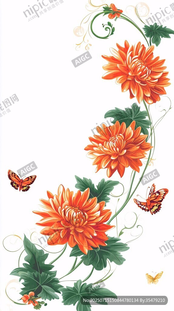 橙色菊花與蝴蝶裝飾圖案