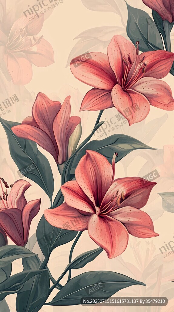 粉色百合花植物花卉插畫