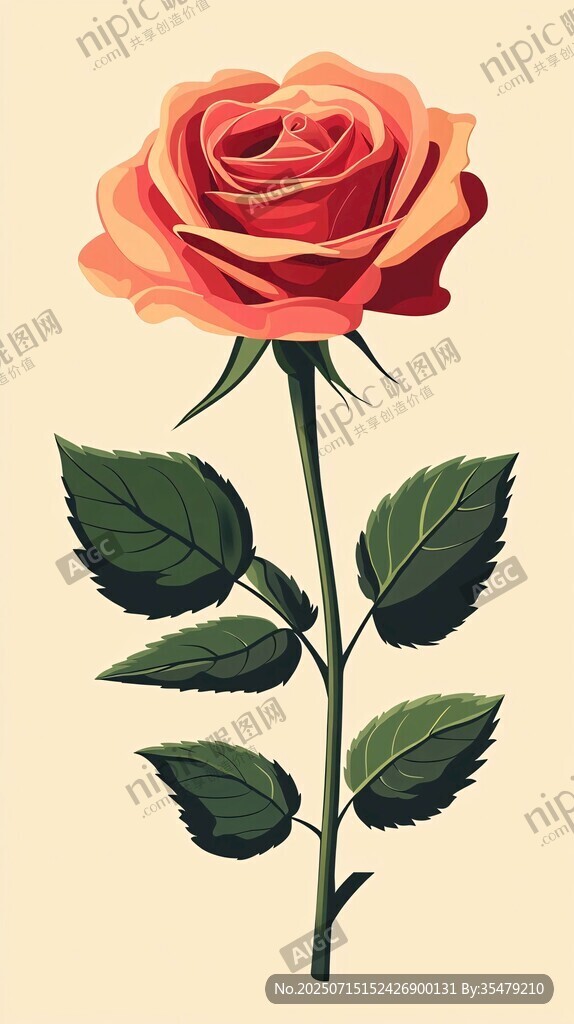 單枝橙紅色玫瑰插畫
