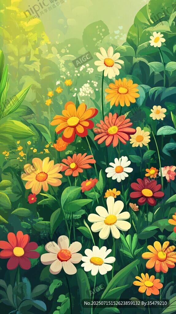 繽紛花卉的夢幻綠野世界