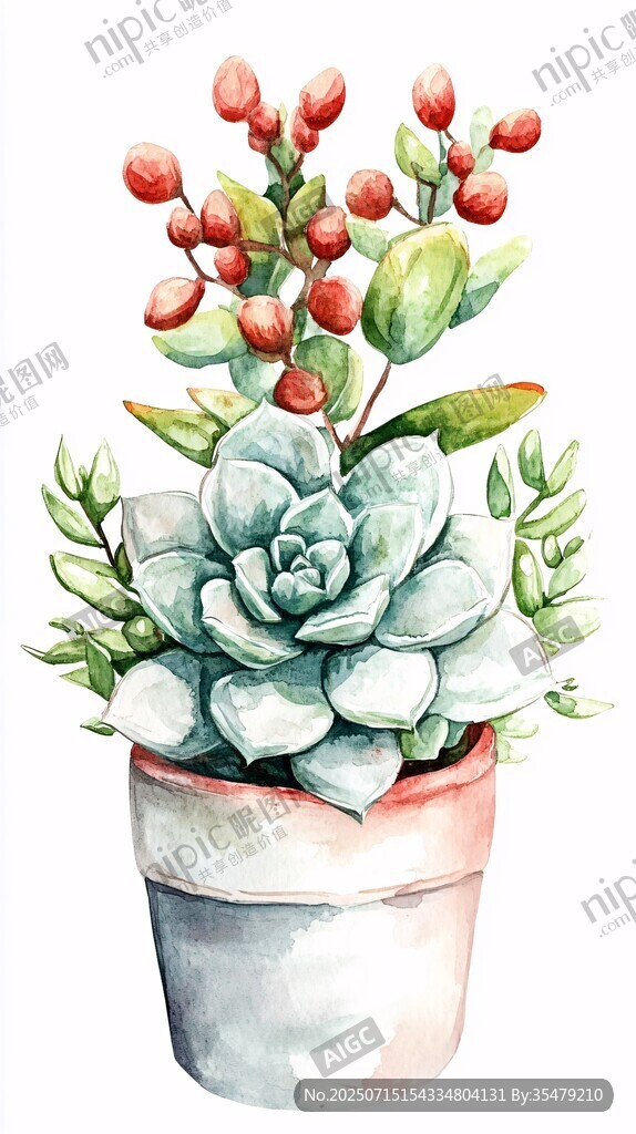 水彩風(fēng)多肉盆栽插畫