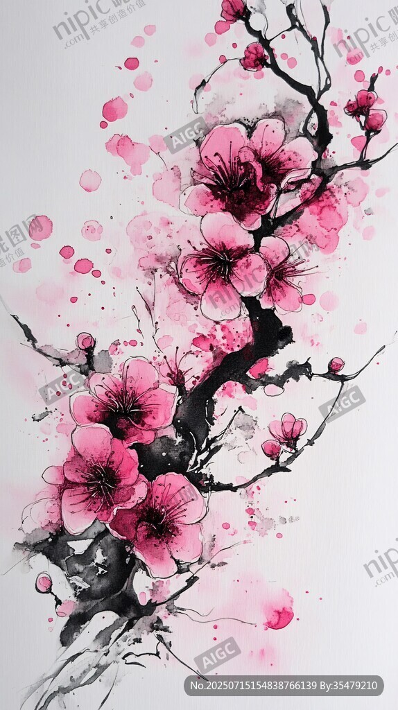 水墨風(fēng)綻放的嬌艷梅花