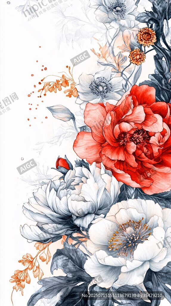 水墨花卉圖 紅牡丹與白牡丹