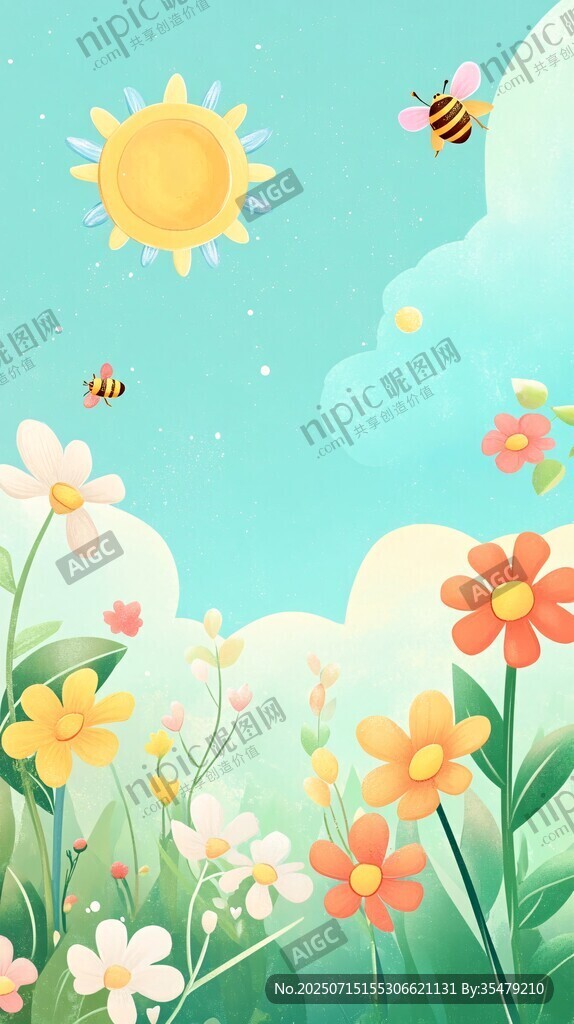 春日花叢蜜蜂飛舞美景
