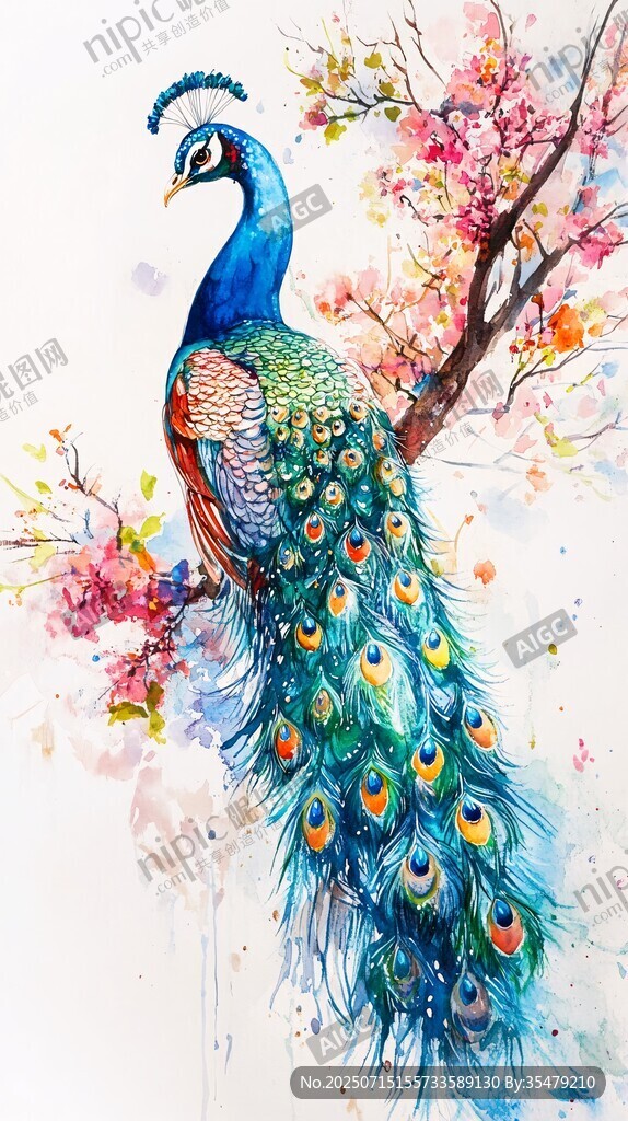 孔雀棲于繁花枝頭