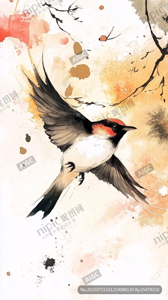 水彩畫中展翅飛翔的小鳥