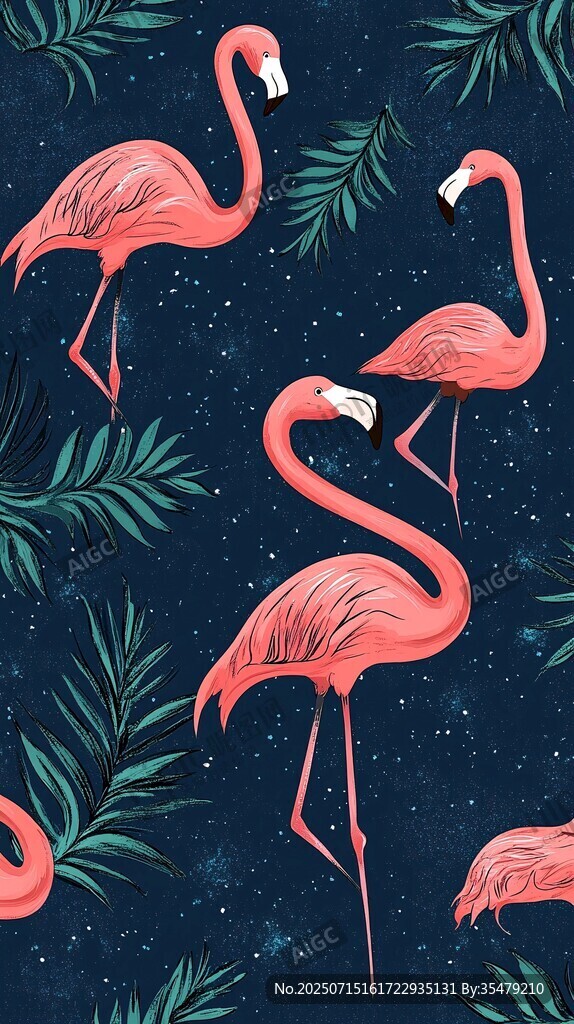 火烈鳥與綠植的夢幻圖案