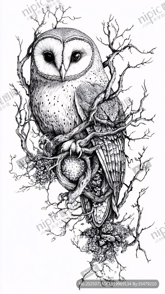貓頭鷹棲息于樹枝黑白插畫