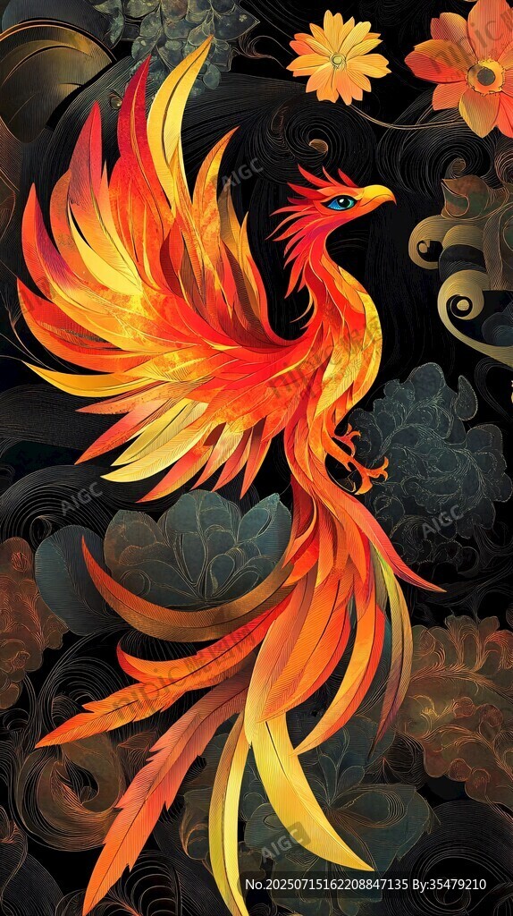 鳳凰飛舞于繁花綠葉間