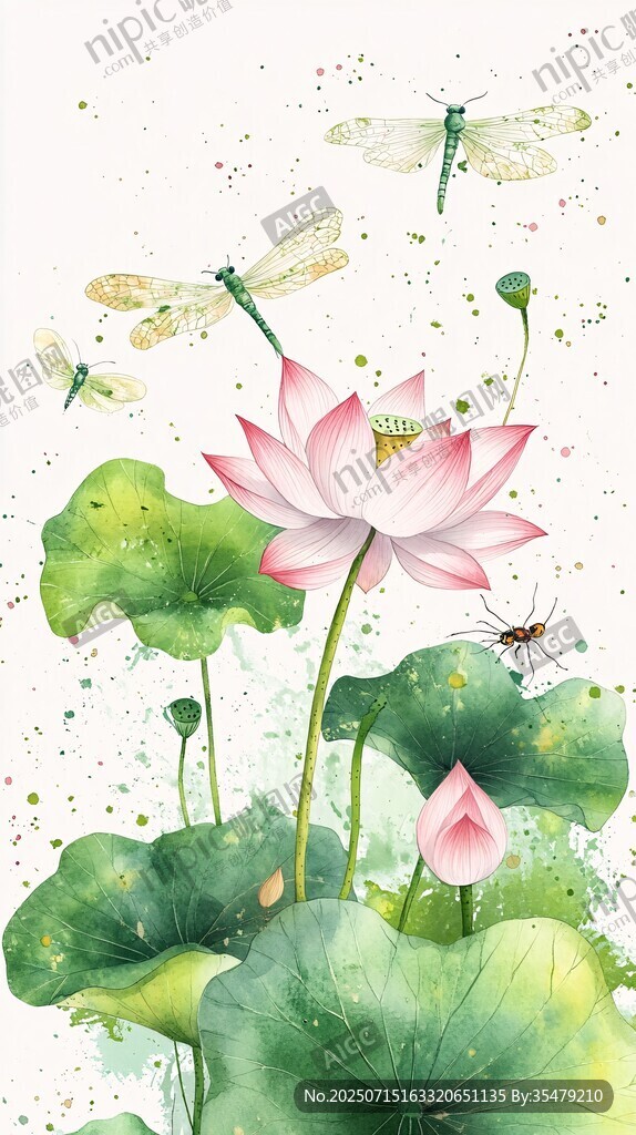 夏日荷花蜻蜓水彩插畫