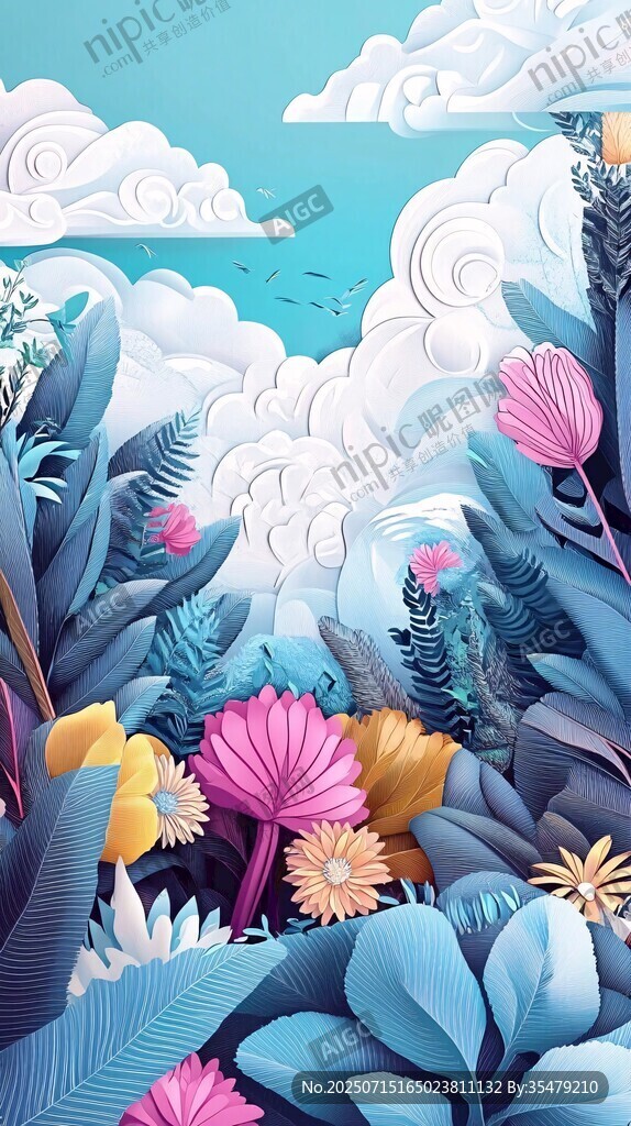 夢幻花卉云海插畫風景