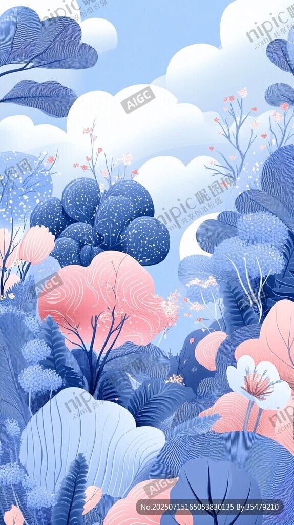 夢幻藍粉系森林花卉插畫