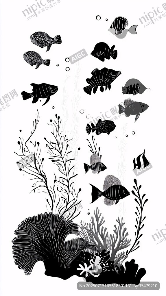 黑白海洋魚類與珊瑚圖景