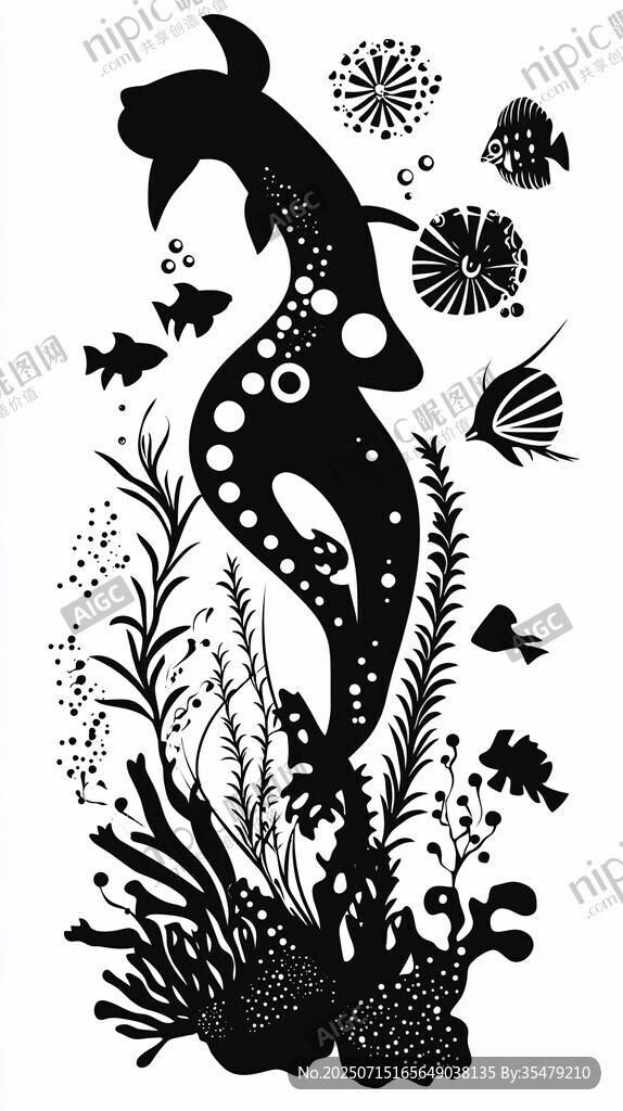 海底美人魚與海洋生物剪影