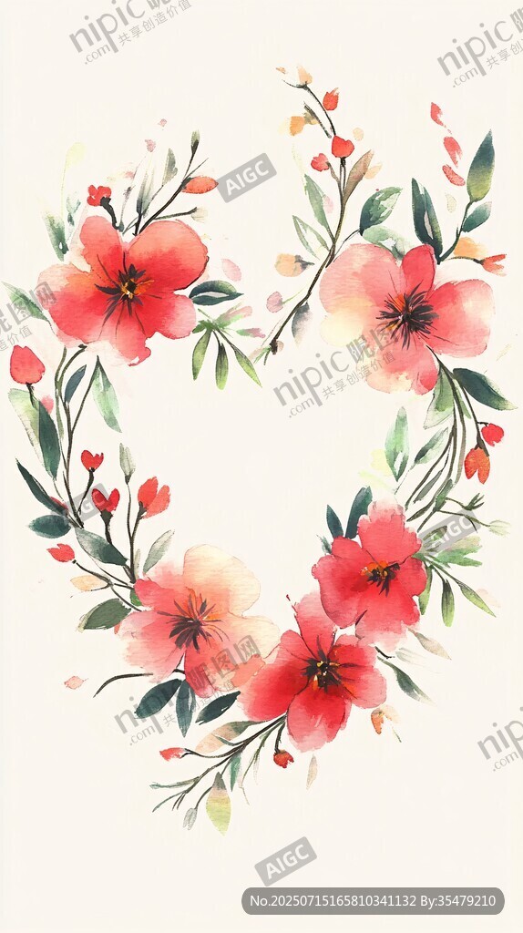 心形花卉花環(huán)水彩插畫