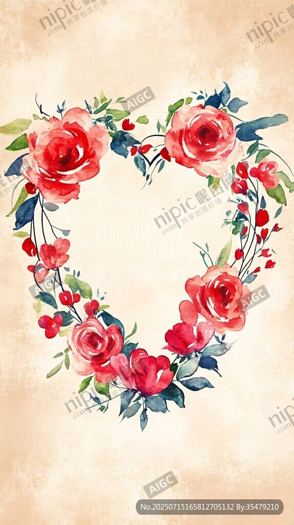 心形玫瑰花卉水彩圖案