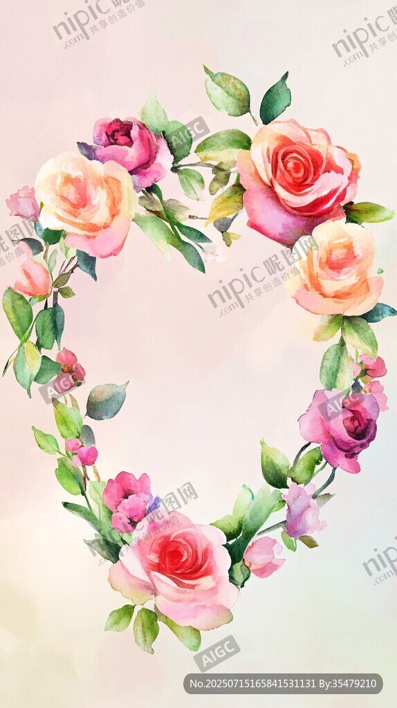 心形玫瑰花卉水彩花環(huán)