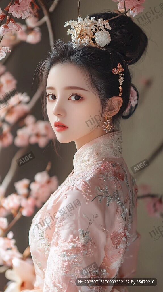 古風(fēng)佳人 粉衣簪花入畫來