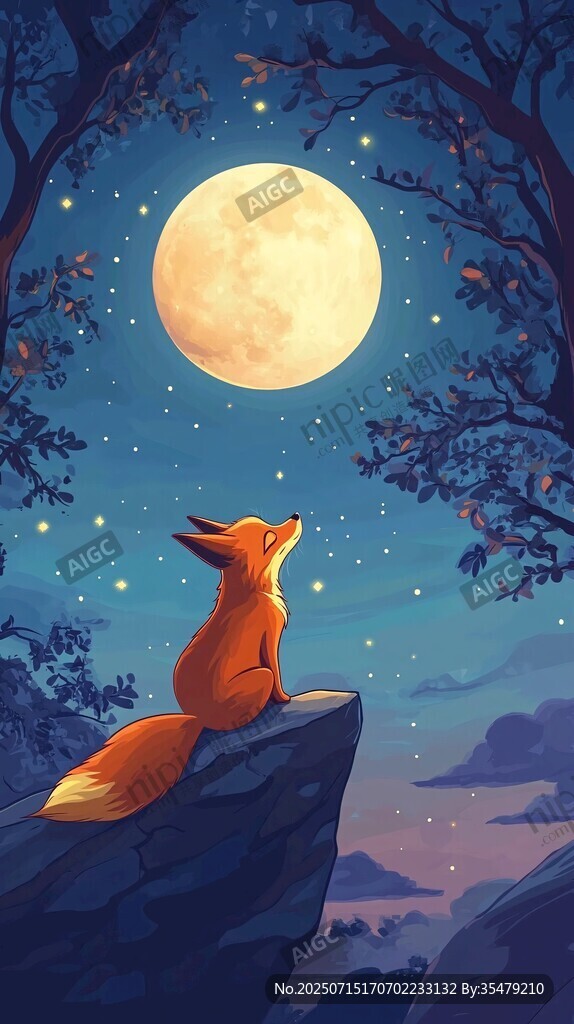 狐貍月夜凝望星空美景