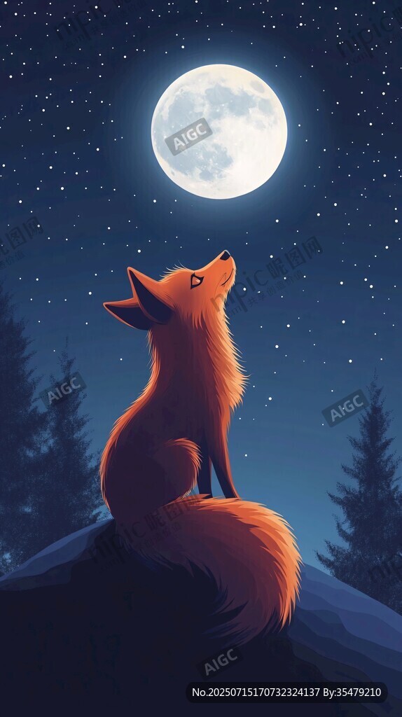 月夜下的沉思狐貍