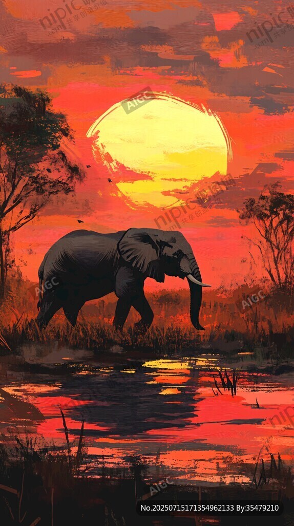 夕陽下獨(dú)行的非洲大象