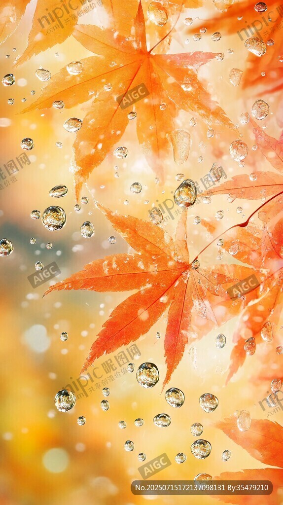 秋楓葉上晶瑩水珠美景