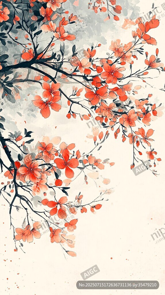水墨紅杏枝頭春意濃