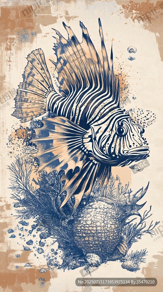 復(fù)古風(fēng)獅子魚海洋插畫