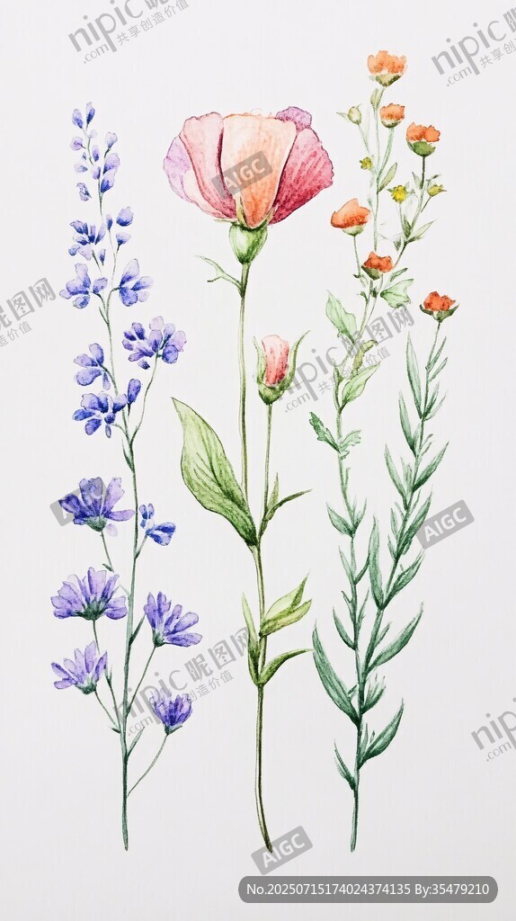 手繪多彩花卉植物組合