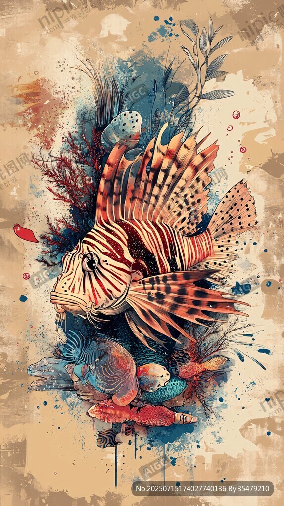 水彩繪斑斕獅子魚海洋風(fēng)