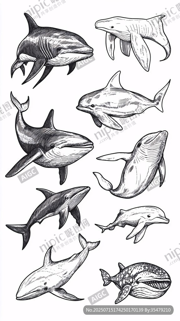 多樣鯨魚手繪插畫集合