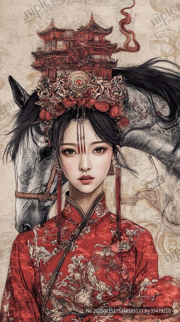 古風紅衣女子與馬的奇幻圖景