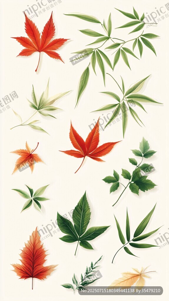 多樣秋葉與竹葉的精美集合