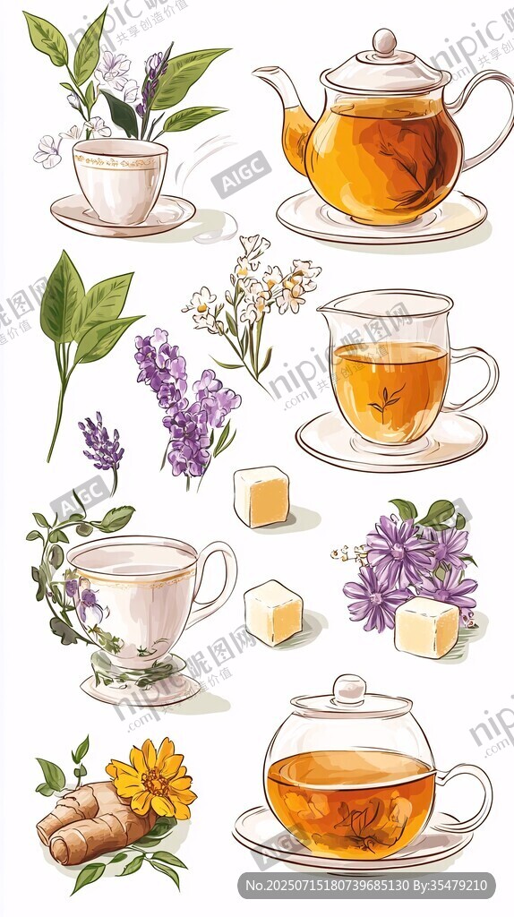 手繪清新花草茶飲插畫