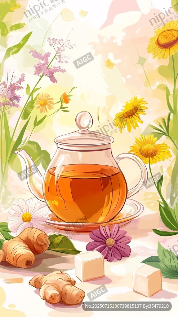 田園風(fēng)茶壺與花草靜物圖