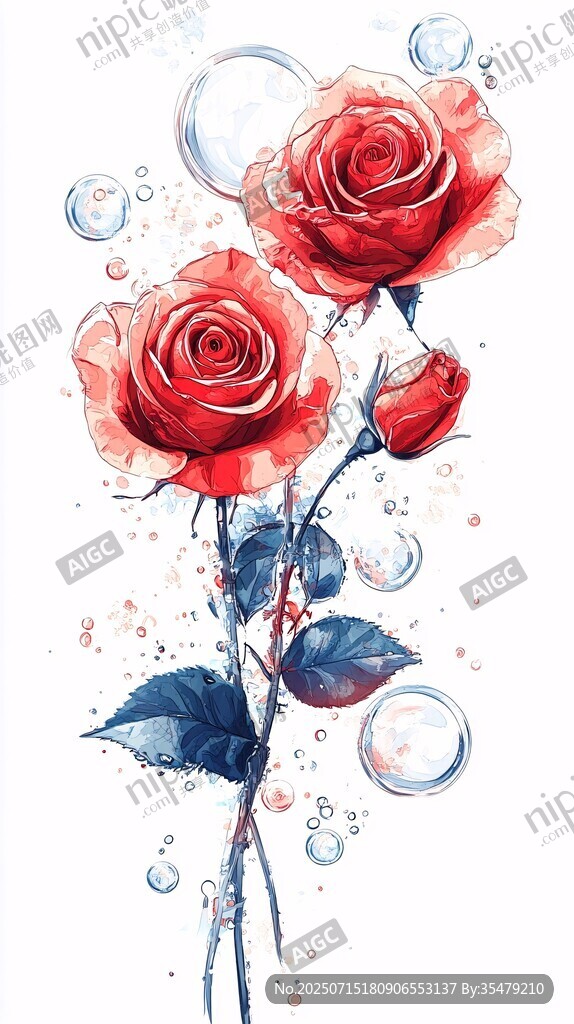 水彩紅玫瑰與夢幻泡泡