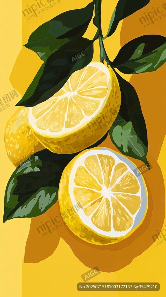 清新檸檬插畫與翠綠葉片