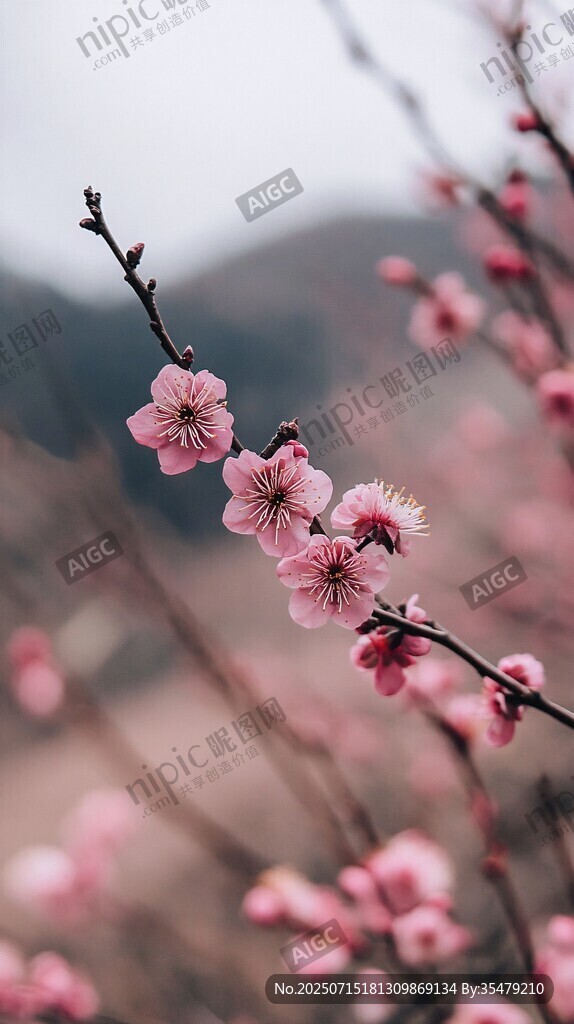 枝頭綻放的粉嫩梅花